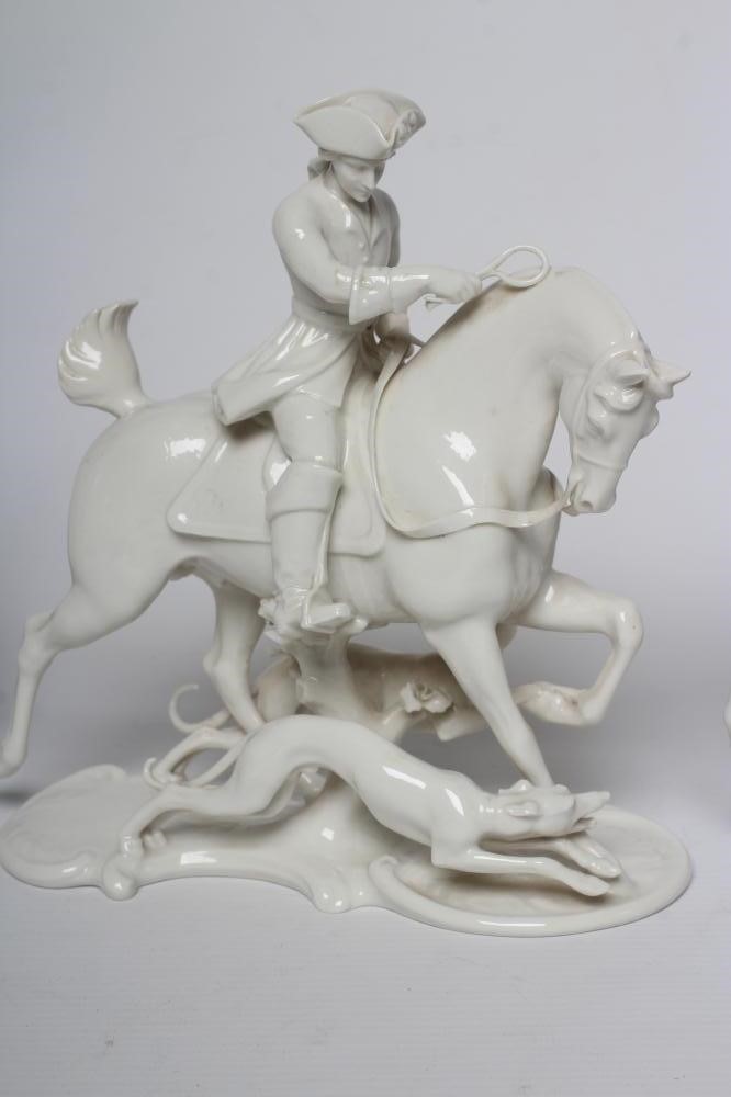 THREE NYMPHENBURG BLANC-DE-CHINE PORCELAIN "FRANKENTHAL HUNT" FIGURES Image
