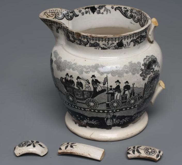 OF RAILWAY INTEREST - two graduated Staffordshire pottery "Dutch" jugs printed in underglaze black Image