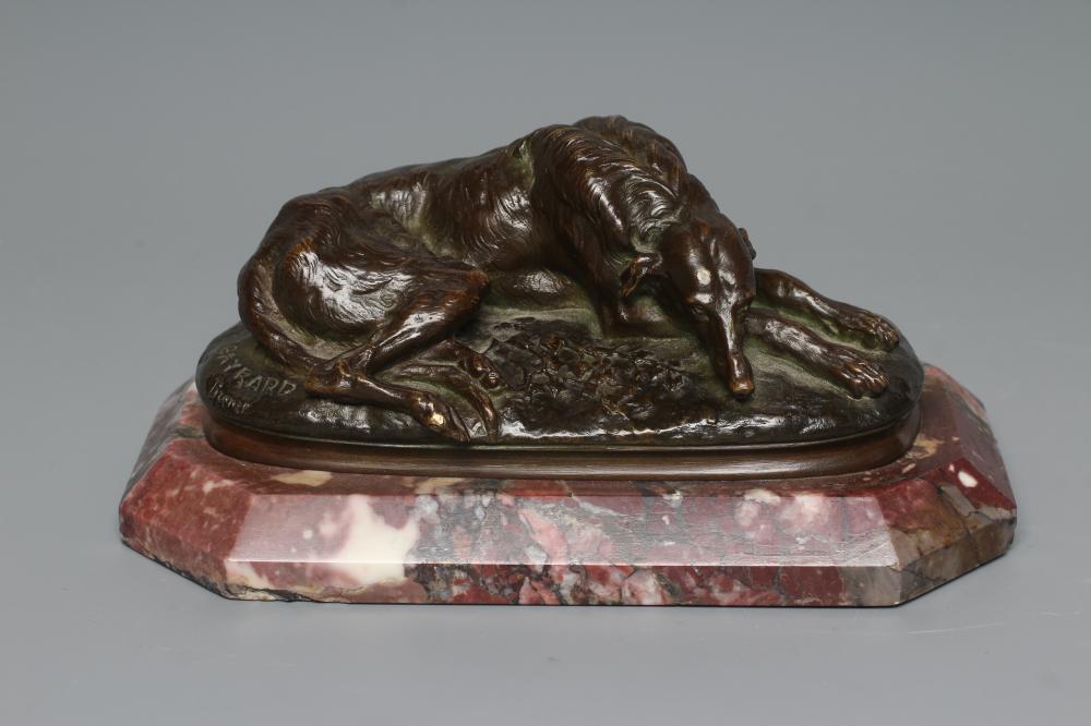 AFTER PAUL J. R. GAYRARD (French 1807-1855) Reclining Deer Hound, signed bronze, brown patination, Image