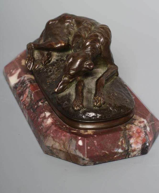 AFTER PAUL J. R. GAYRARD (French 1807-1855) Reclining Deer Hound, signed bronze, brown patination, Image