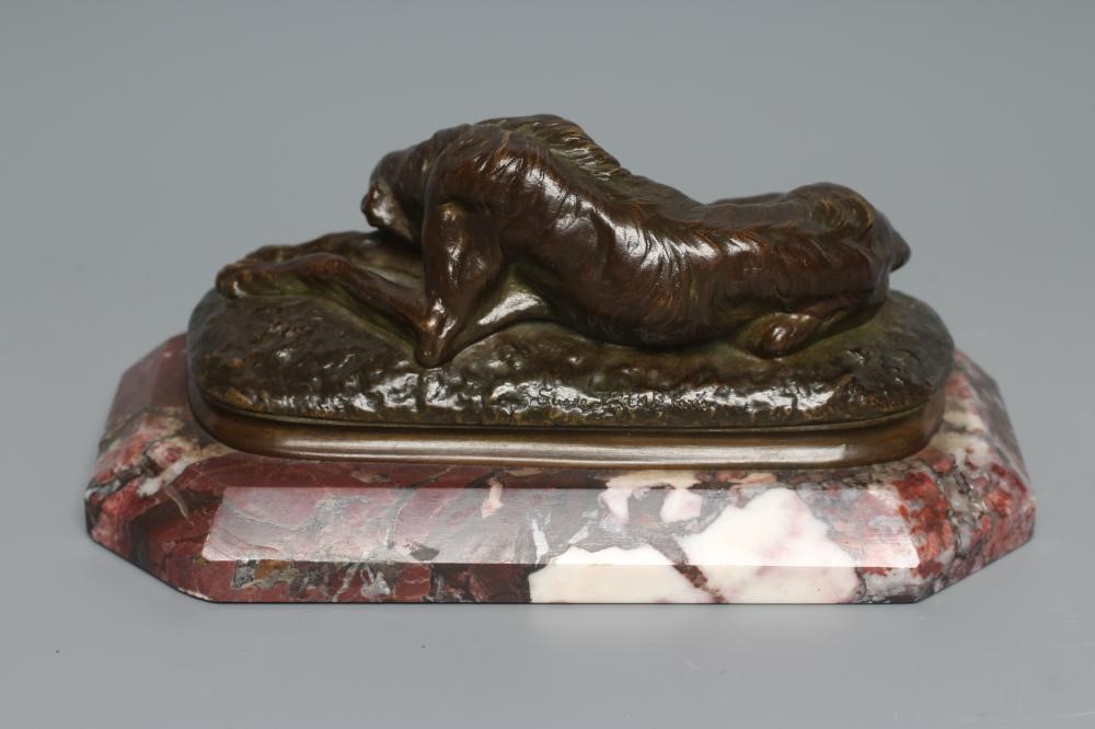 AFTER PAUL J. R. GAYRARD (French 1807-1855) Reclining Deer Hound, signed bronze, brown patination, Image
