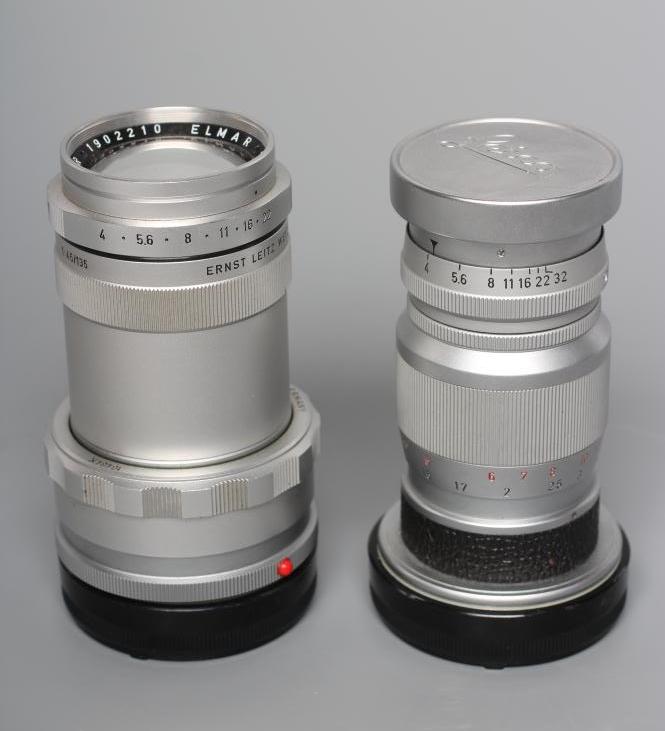 TWO LEITZ WETZLAR ELMAR LENSES, comprising a 1:4/135 1902210 and a 1:4/90 1822376 (Est. plus 24% Image