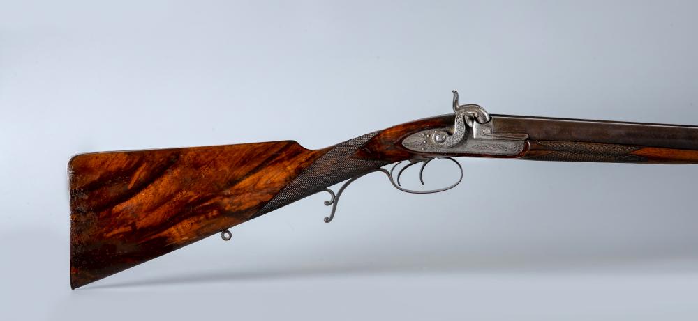 A WILLIAMS & POWELL PERCUSSION 14 BORE DOUBLE BARRELLED SHOTGUN Image