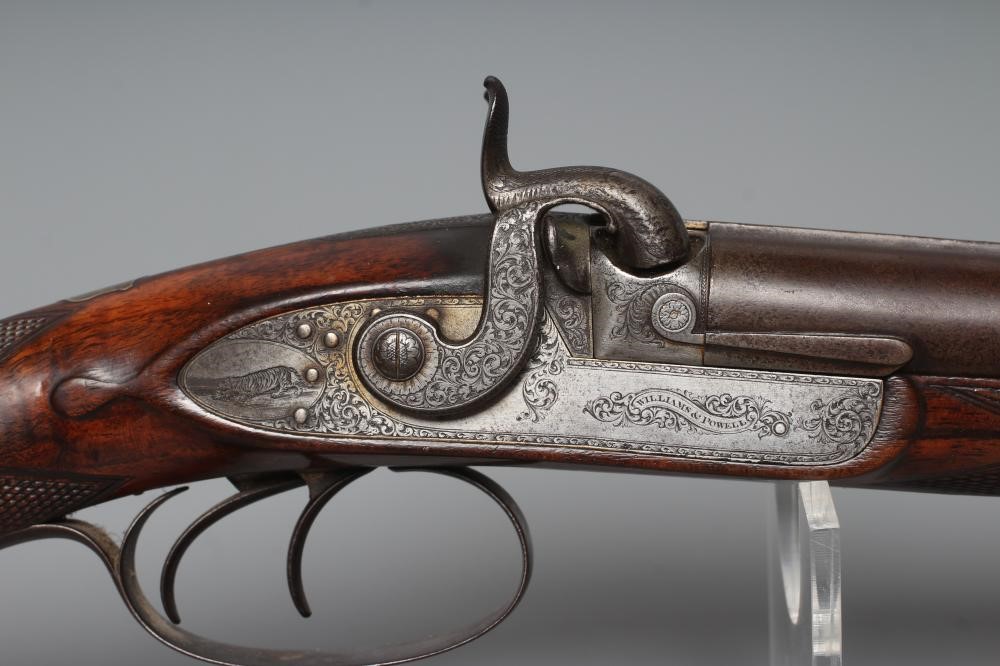 A WILLIAMS & POWELL PERCUSSION 14 BORE DOUBLE BARRELLED SHOTGUN Image