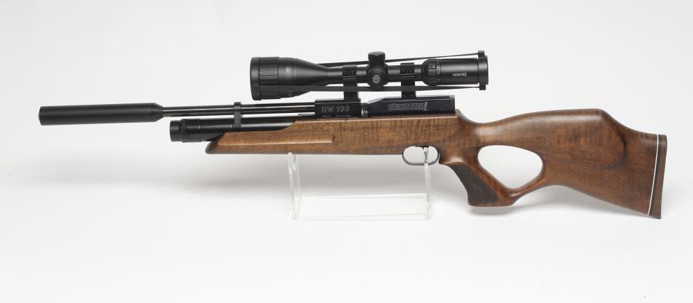 A WEIHRAUCH HW100 .177 PCP AIR RIFLE, the barrel with supressor, 14 shot rotating magazine, Image