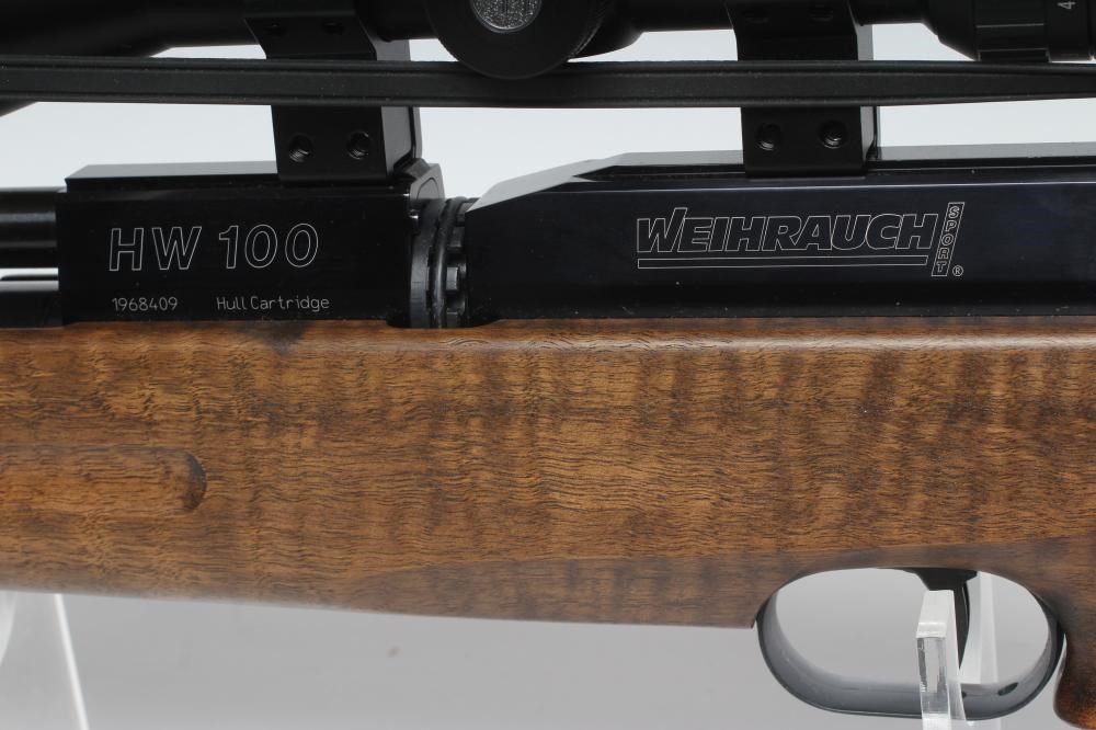 A WEIHRAUCH HW100 .177 PCP AIR RIFLE, the barrel with supressor, 14 shot rotating magazine, Image