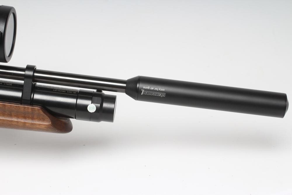 A WEIHRAUCH HW100 .177 PCP AIR RIFLE, the barrel with supressor, 14 shot rotating magazine, Image