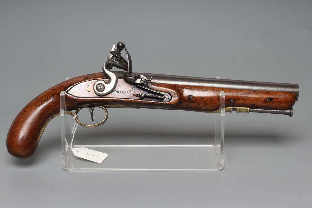 A FLINTLOCK PISTOL, the 9 1/8" barrel with Birmingham proof marks, action stamped "WORTS & Co.", Image