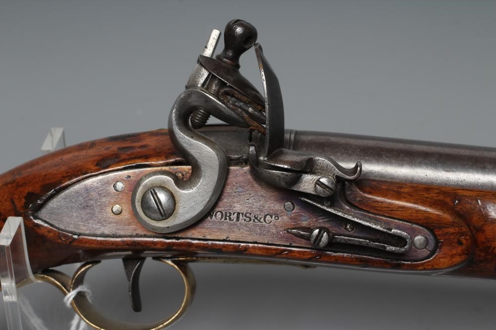 A FLINTLOCK PISTOL, the 9 1/8" barrel with Birmingham proof marks, action stamped "WORTS & Co.", Image