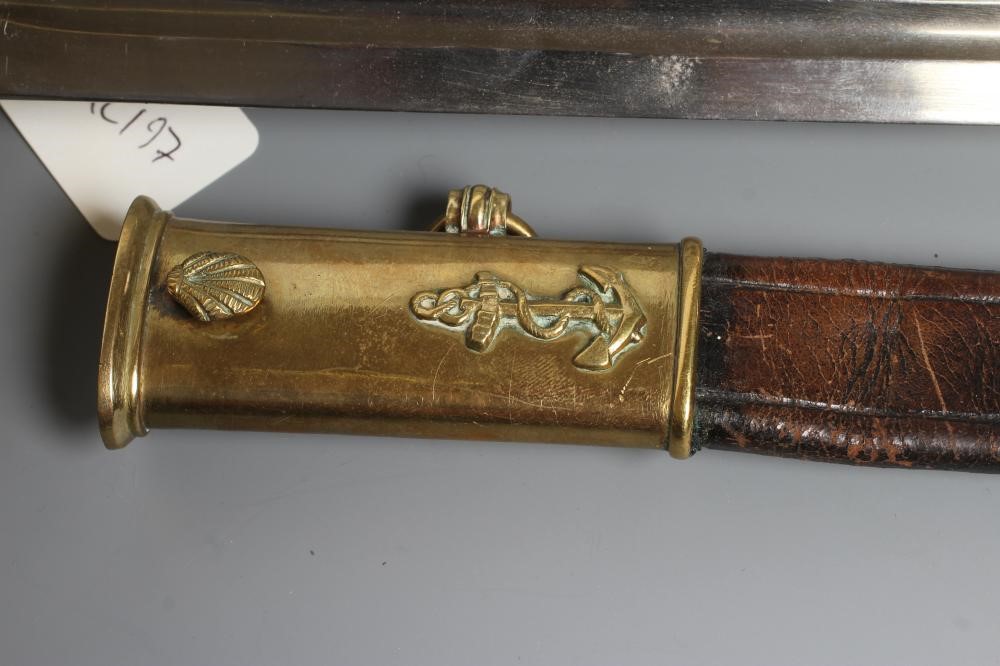 A FRENCH NAVAL OFFICER'S SWORD with 27 1/2" blade, brass hilt with dolphin quillon and anchor amid Image