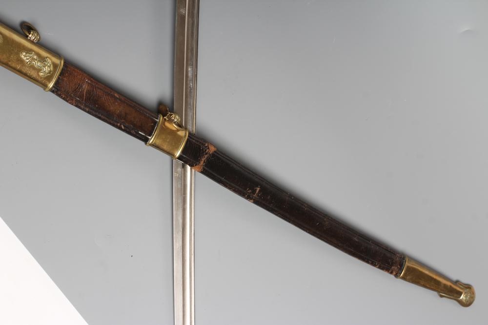 A FRENCH NAVAL OFFICER'S SWORD with 27 1/2" blade, brass hilt with dolphin quillon and anchor amid Image