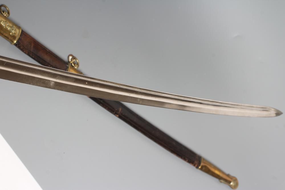 A FRENCH NAVAL OFFICER'S SWORD with 27 1/2" blade, brass hilt with dolphin quillon and anchor amid Image