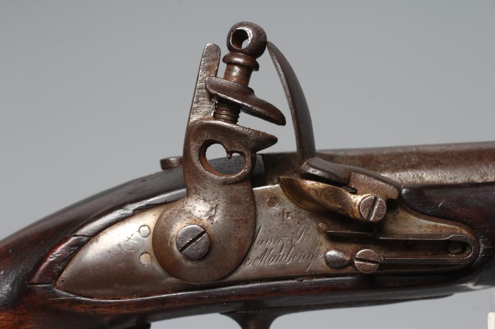 A FRENCH MANUF FLINTLOCK PISTOL, with 5" barrel stamped 1818, action inscribed "Manuf Roy De Image