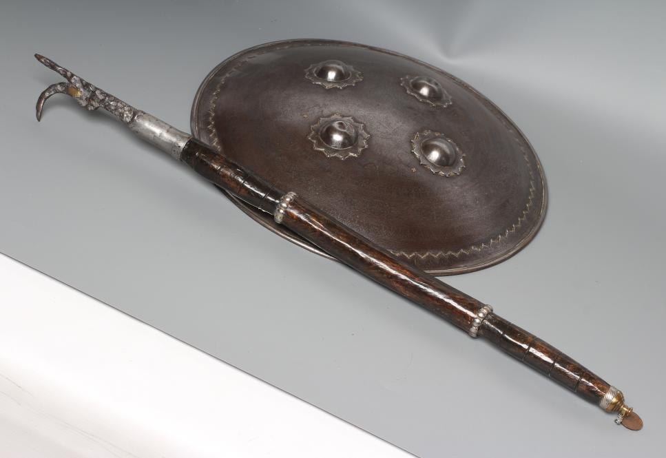 A DHAL SHIELD, with four central bosses, niello like floral decoration and painted interior, Image