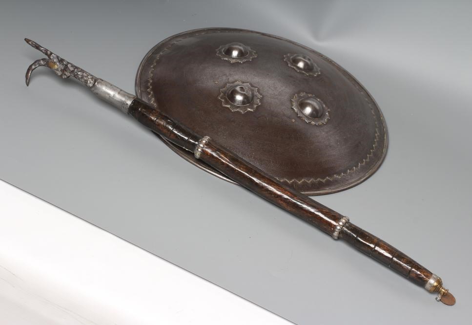 A DHAL SHIELD, with four central bosses, niello like floral decoration and painted interior, Image