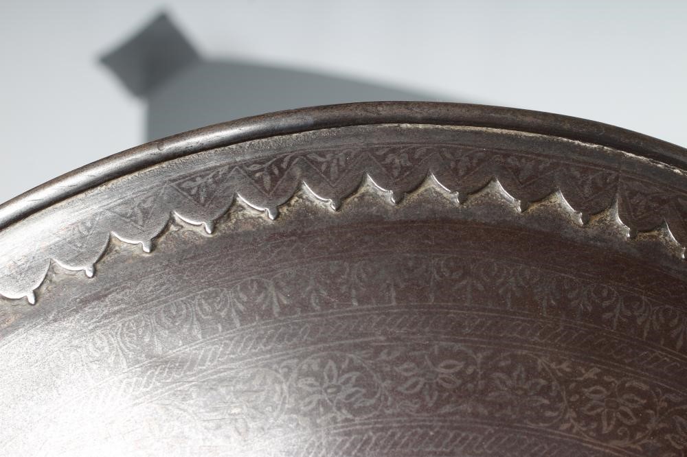 A DHAL SHIELD, with four central bosses, niello like floral decoration and painted interior, Image