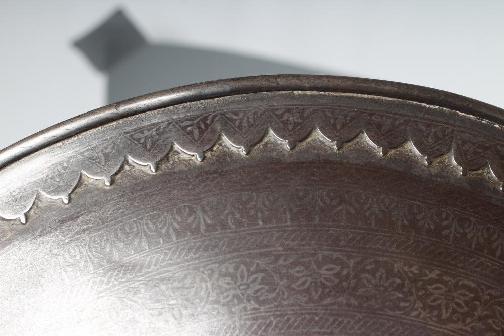 A DHAL SHIELD, with four central bosses, niello like floral decoration and painted interior, Image