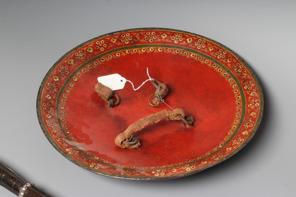 A DHAL SHIELD, with four central bosses, niello like floral decoration and painted interior, Image