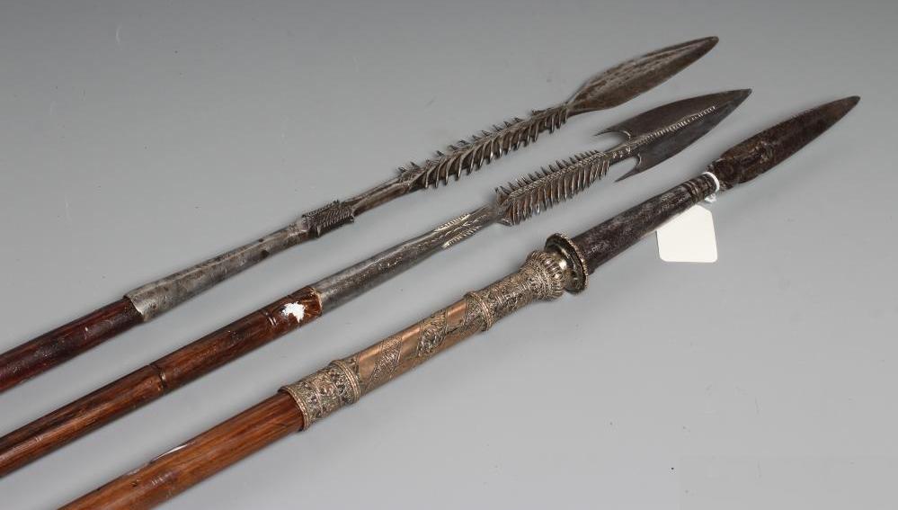THREE SPEARS, comprising two early 20th century French-Belgian Congo hunting spears and an Indian Image