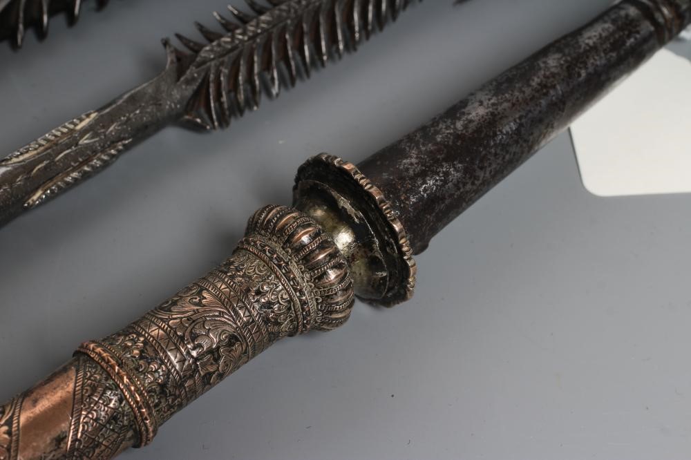 THREE SPEARS, comprising two early 20th century French-Belgian Congo hunting spears and an Indian Image