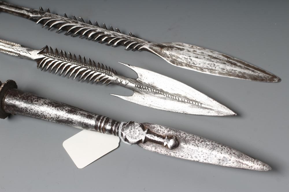 THREE SPEARS, comprising two early 20th century French-Belgian Congo hunting spears and an Indian Image