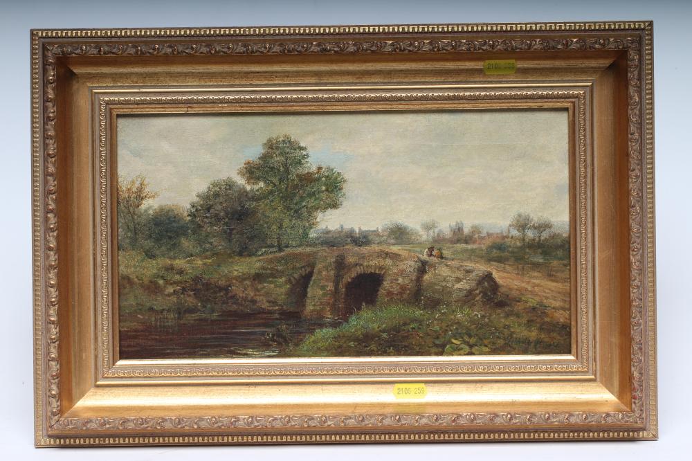 LEOPOLD RIVERS (1852-1905) Landscape with Figures on a Bridge, oil on canvas, signed, 8" x 14 1/4", Image