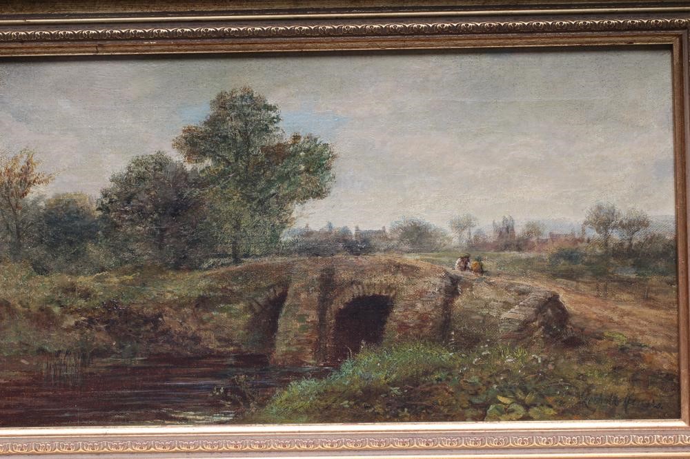 LEOPOLD RIVERS (1852-1905) Landscape with Figures on a Bridge, oil on canvas, signed, 8" x 14 1/4", Image