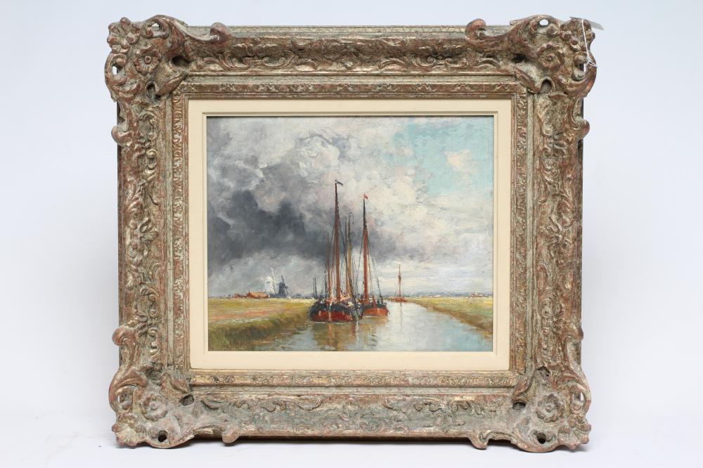 CHARLES JOHN DE LACY (1856-c.1936) Canal Scene Flanders, oil on board, signed, inscribed label to Image