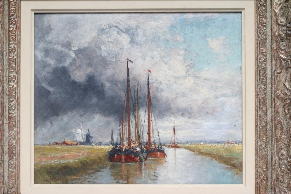 CHARLES JOHN DE LACY (1856-c.1936) Canal Scene Flanders, oil on board, signed, inscribed label to Image