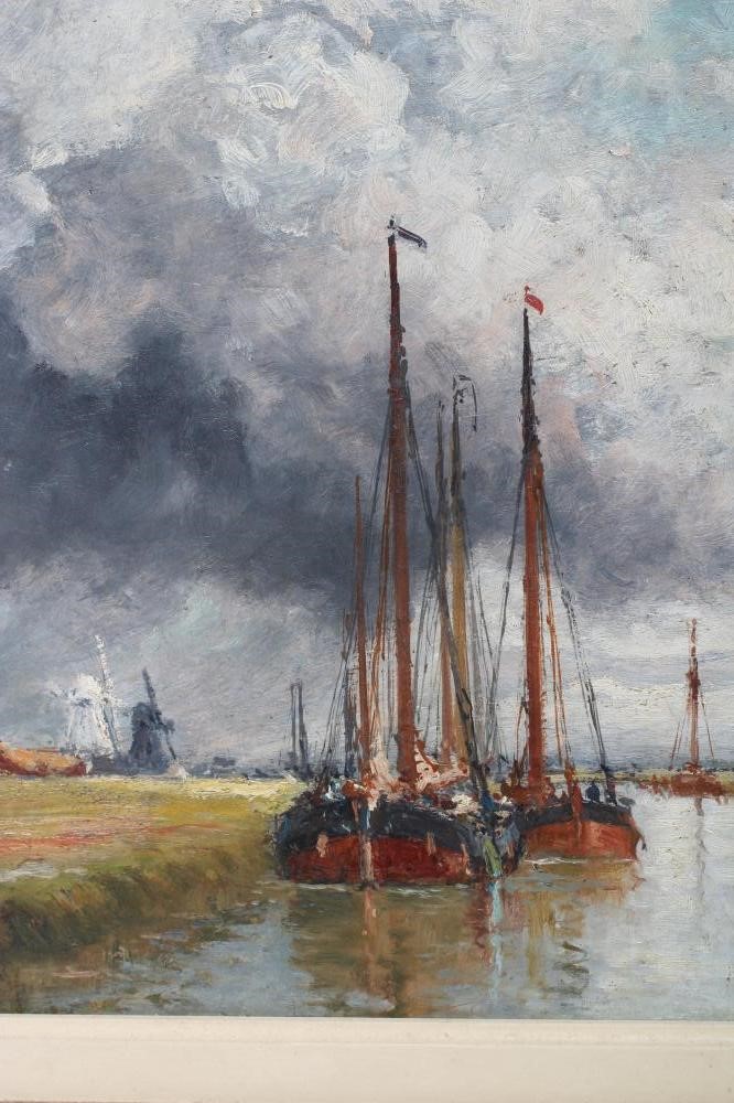 CHARLES JOHN DE LACY (1856-c.1936) Canal Scene Flanders, oil on board, signed, inscribed label to Image