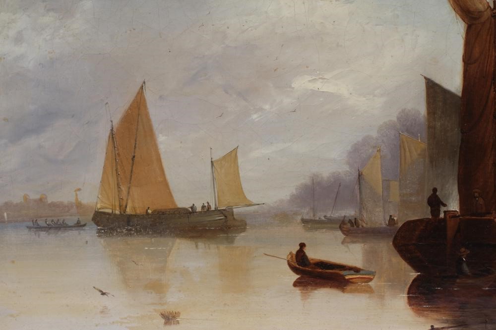 DUTCH SCHOOL (19th century) Estuary Scene with Fishing Boats, oil on canvas, unsigned, 18" x 24", Image