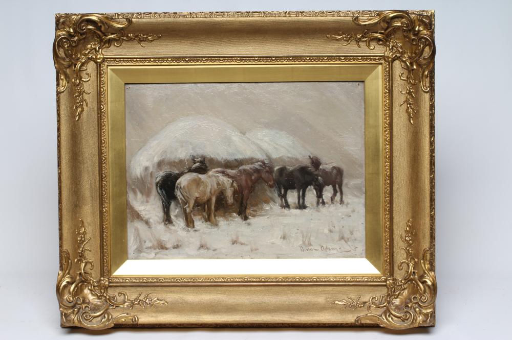 JOSEPH DENOVAN ADAM Snr. RSA RSW (Canadian 1841-1896) Ponies Sheltering From a Blizzard Image