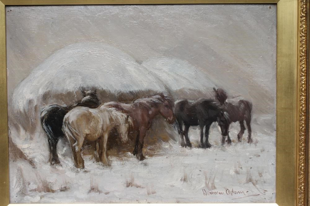 JOSEPH DENOVAN ADAM Snr. RSA RSW (Canadian 1841-1896) Ponies Sheltering From a Blizzard Image