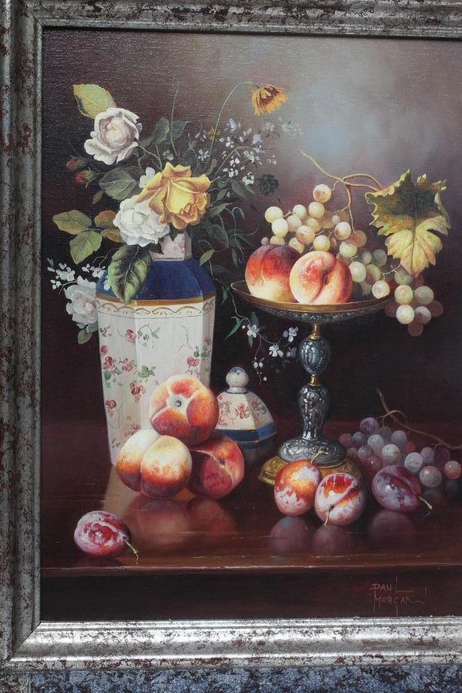 PAUL MORGAN (b.1940) Still Life with Fruit and Flowers, a pair, oil on board, signed, 16" x 12", Image