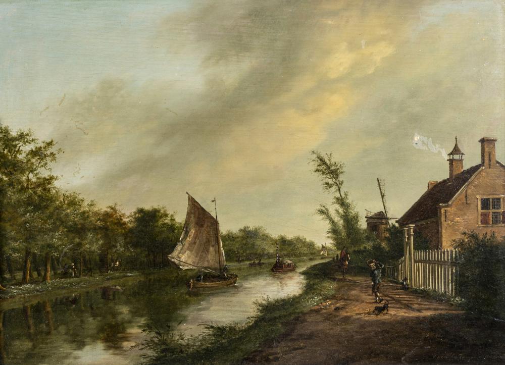 KAREL LA FARQUE (Dutch 1738-1793) Canal Scene with Boats and Figures, oil on panel, signed, 10 3/4" Image