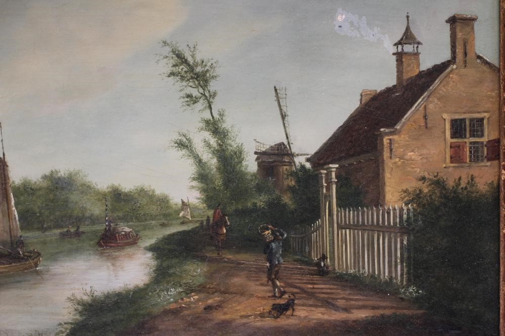 KAREL LA FARQUE (Dutch 1738-1793) Canal Scene with Boats and Figures, oil on panel, signed, 10 3/4" Image