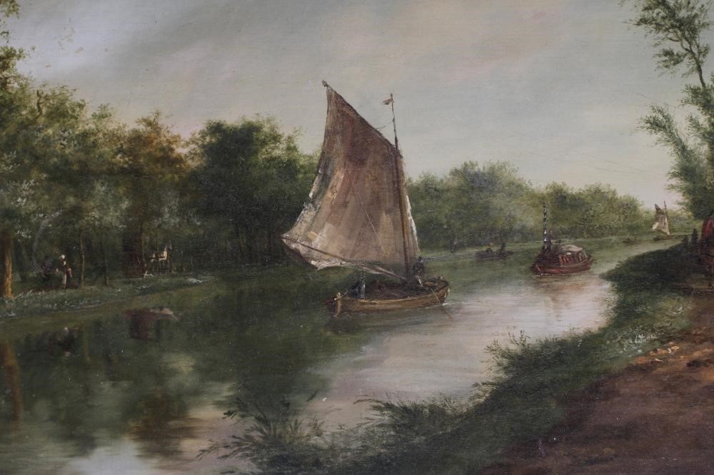 KAREL LA FARQUE (Dutch 1738-1793) Canal Scene with Boats and Figures, oil on panel, signed, 10 3/4" Image