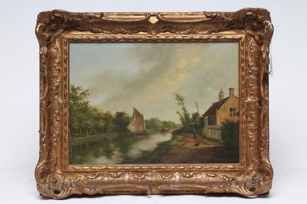 KAREL LA FARQUE (Dutch 1738-1793) Canal Scene with Boats and Figures, oil on panel, signed, 10 3/4" Image