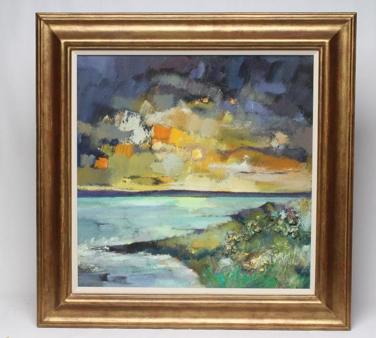DAVY BROWN (b.1950) "Sunset From Carlsluith", oil on board, signed, inscribed label to reverse dated Image