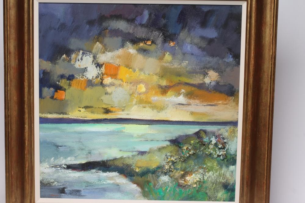 DAVY BROWN (b.1950) "Sunset From Carlsluith", oil on board, signed, inscribed label to reverse dated Image