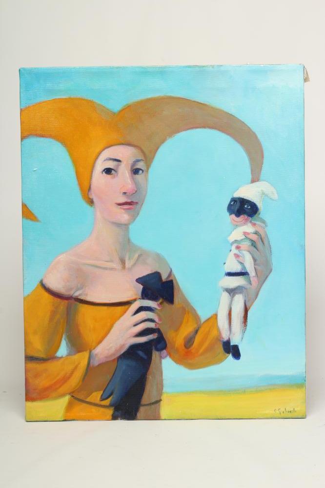 CLAUDIO GIULIANELLI (Italian b.1956) Pulcinella Looks at You", oil on canvas, signed, 19 3/4" x 15 Image