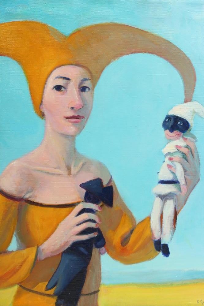 CLAUDIO GIULIANELLI (Italian b.1956) Pulcinella Looks at You", oil on canvas, signed, 19 3/4" x 15 Image