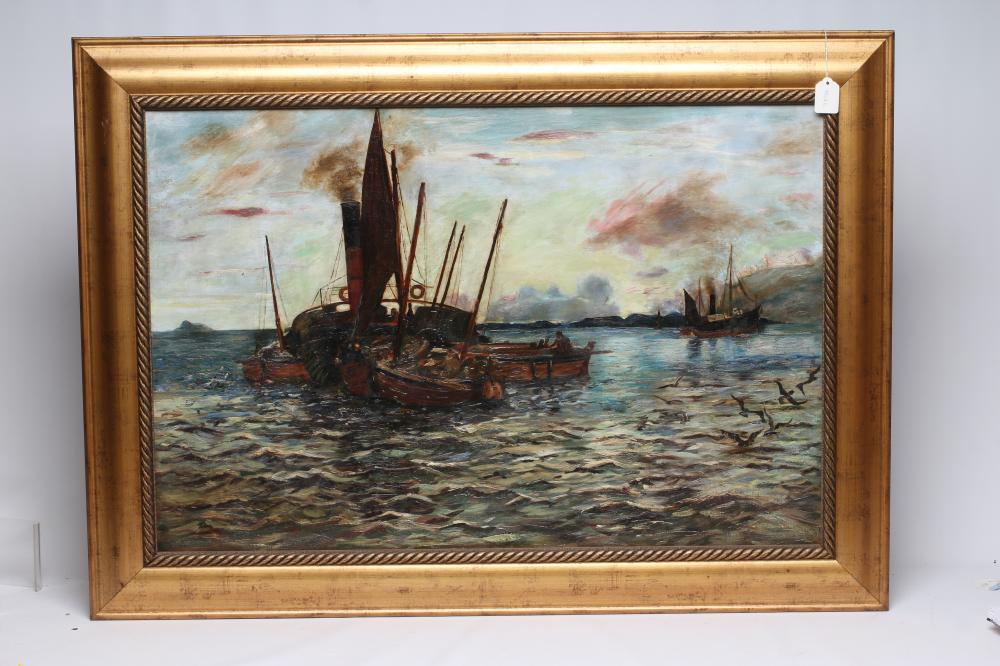 ATTRIBUTED TO COLIN HUNTER (1841-1904) Herring Boats at Dusk, oil on canvas, unsigned, 24" x 36", Image