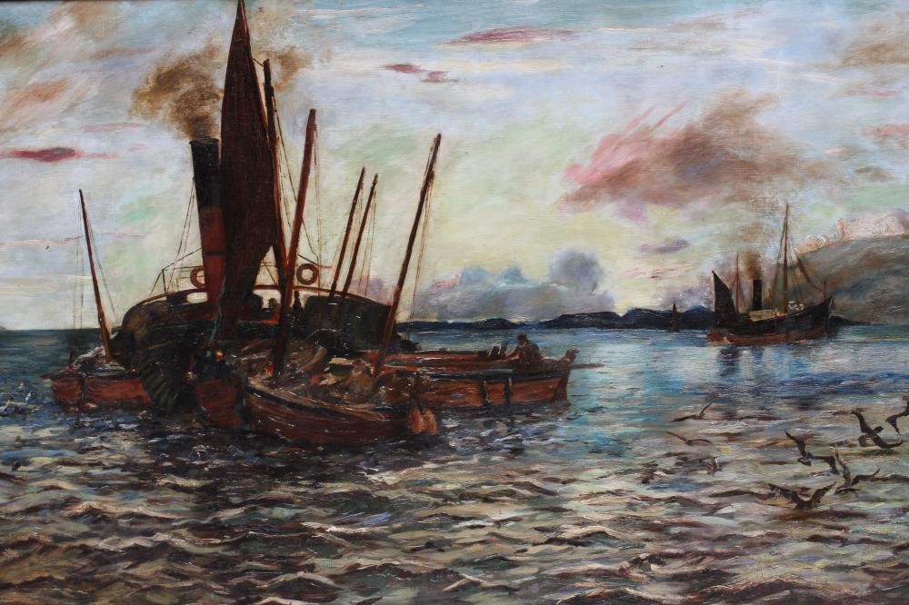 ATTRIBUTED TO COLIN HUNTER (1841-1904) Herring Boats at Dusk, oil on canvas, unsigned, 24" x 36", Image