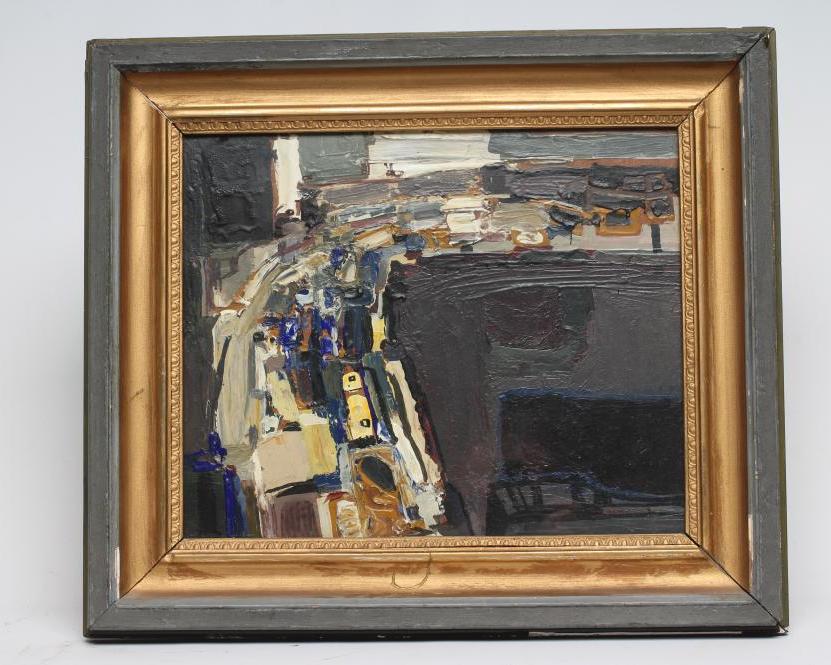 DAVID PRENTICE (1936-2014) "Traffic1", oil on board, signed and inscribed to reverse, 11 1/2" x 14", Image