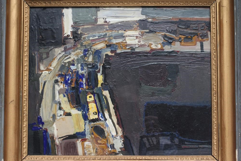 DAVID PRENTICE (1936-2014) "Traffic1", oil on board, signed and inscribed to reverse, 11 1/2" x 14", Image