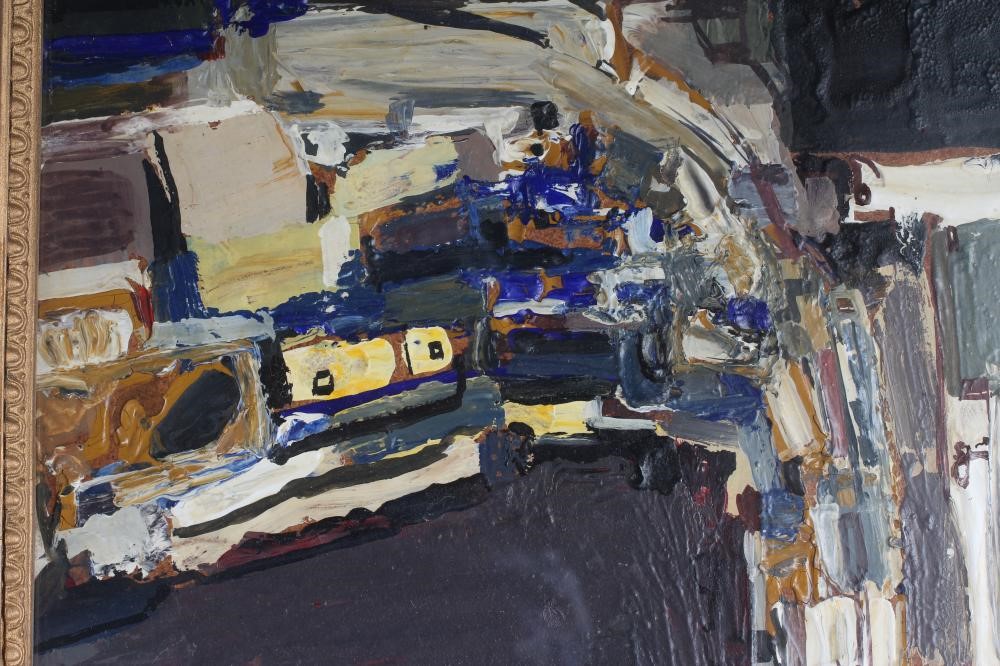 DAVID PRENTICE (1936-2014) "Traffic1", oil on board, signed and inscribed to reverse, 11 1/2" x 14", Image