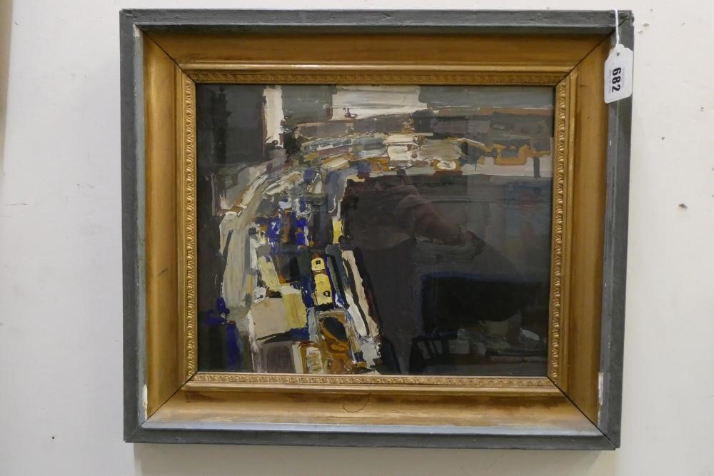 DAVID PRENTICE (1936-2014) "Traffic1", oil on board, signed and inscribed to reverse, 11 1/2" x 14", Image