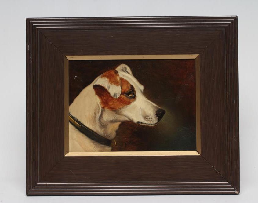 JOHN ALFRED WHEELER (1852- 1932) Head of a Jack Russell, oil on board, signed, 6 1/4" x 8 1/4" Image