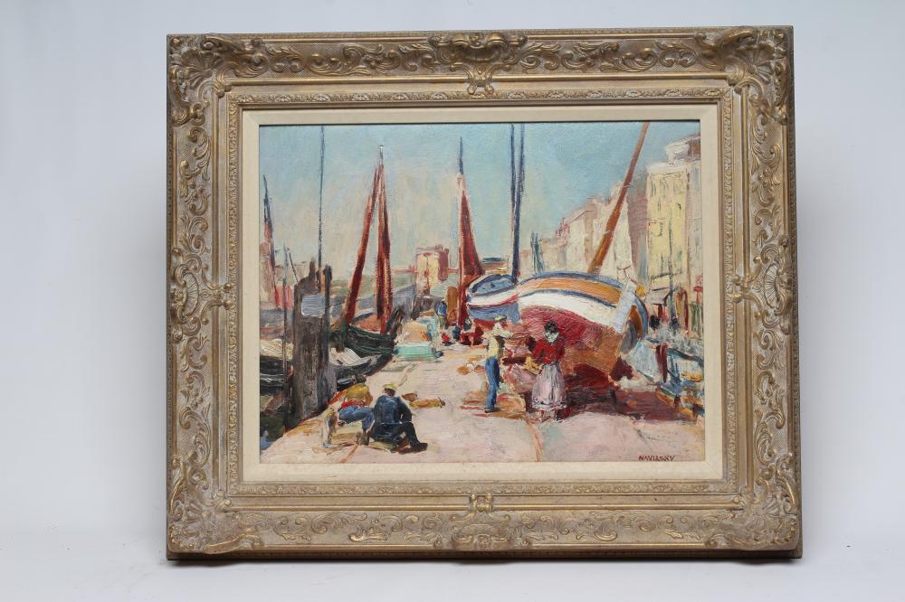 PHILIP NAVIASKY (1884-1983) French Harbour Scene, oil on board, signed, 15" x 18", gilt frame Image
